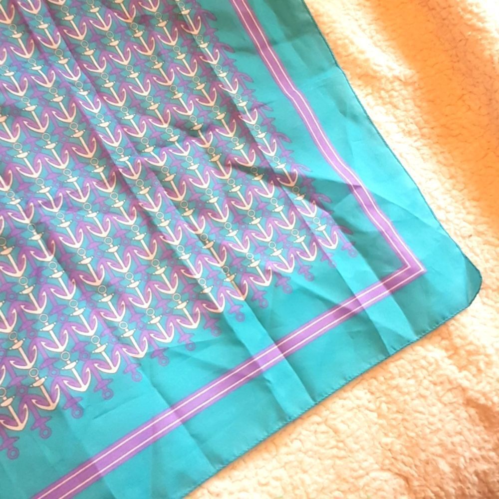 Nautical Ship And Anchor Pink Teal Scarf Italy 1960s 70s Vintage Headscarf